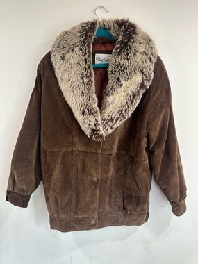 Vintage Oleg Cassini Brown Leather Bomber Coat with Faux Fur Trim